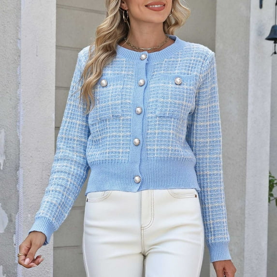 Pounoo Gift Tweed Plaid Blazers for Women Blouses for Women Dressy Casual Crew Neck Button Down Open Front Long Sleeve Texture Knit Jackets