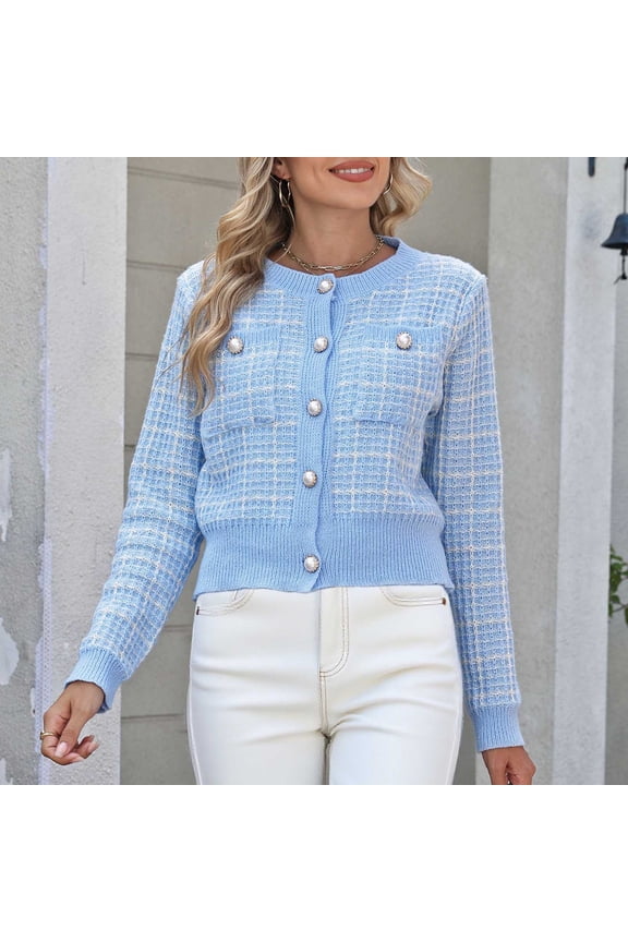 Gift Tweed Plaid Blazers for Women Blouses for Women Dressy Casual Crew Neck Button Down Open Front Long Sleeve Texture Knit Jackets