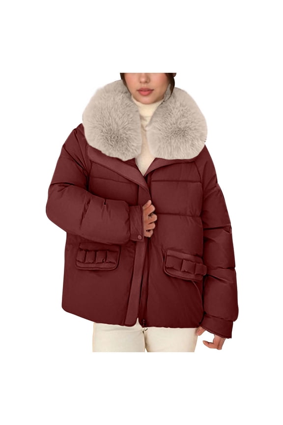 Gift Women's Big Furry Collar Puffer Coat Winter Thicken Quilted Puffer Jacket Bubble Coats Outerwear Casual Hooded Jackets Bubble Coats Outerwear