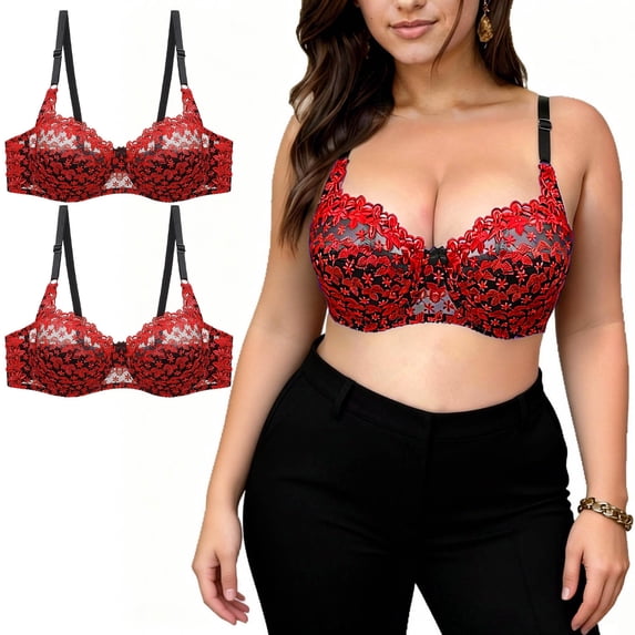 Pounoo Gift Women's Full Coverage 2PC Bras Floral Embroidered Lace Trim Underwire Supportive Intimates All Day Comfort Lightweight Breathable Bras