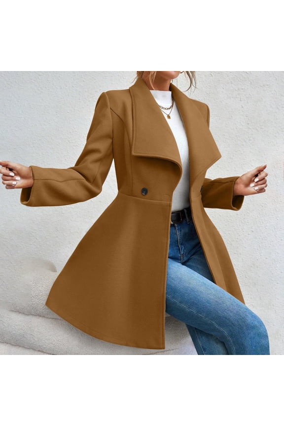 Gift Women's Winter Fall Wool Blend Trench Coat Classic Shawl Collar Mid Long Single Breasted Overcoat Work Office Pea Coats