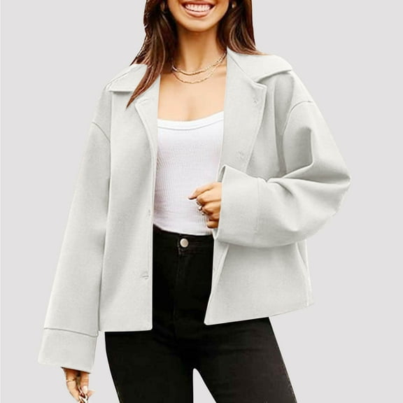 Pounoo Gift Womens Winter Classic Wool Blend Pea Coat Cropped Single Breasted Lapel Winter Jackets Loose Casual Outerwear