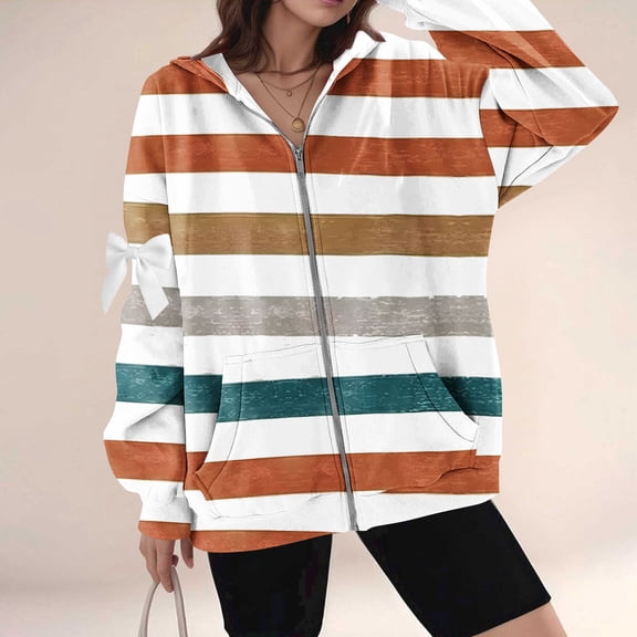 Pounoo Gift Zip Up Hoodies for Women Sherpa Lined Fleece Thermal Jacket Gradient Color Plaid Striped Long Sleeve Coat with Bow