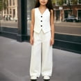 thumbnail image 1 of Pounoo Girls Two Piece Outfits V Neck Button Down Vest High Waist Wide Leg Pants Formal Dressy Suit Set for Party Performance School (Ages 6-12), 1 of 6