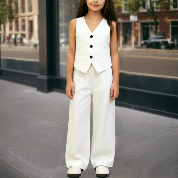 Pounoo Girls Two Piece Outfits V Neck Button Down Vest High Waist Wide Leg Pants Formal Dressy Suit Set for Party Performance School (Ages 6-12)
