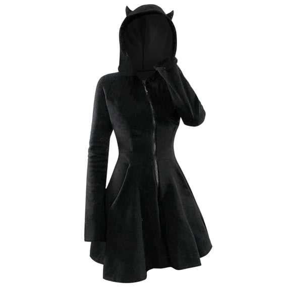 Pounoo Gothic Hoodies for Women Winter Fall Long Sleeve Sweatshirts Dress Velvet Pullover Dresses Lightweight Cat Outfits Gift
