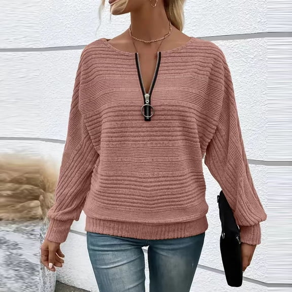 Pounoo Half Zip Long Sleeve Shirts for Women Ribbed Knit Solid Color Tops for Women Comfy Fall Loose Fit Sweatshirts Gift