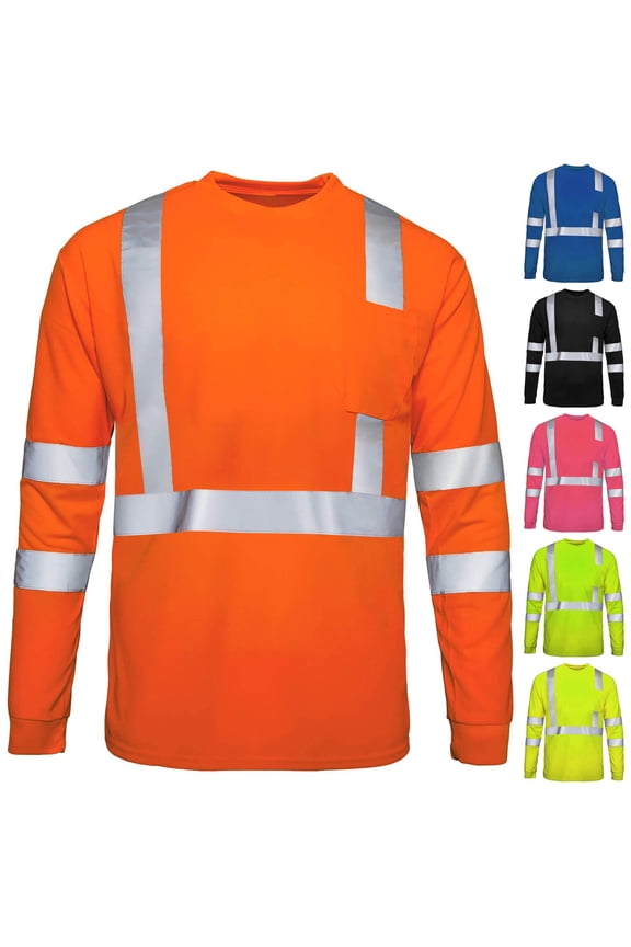 Hi Vis Shirts for Men Class 3 High Vis Long Sleeves Shirts High Visibility Safety Work Shirt for Construction, Warehouse, Traffic, Quick Dry & Breathable with Reflective with Pocket