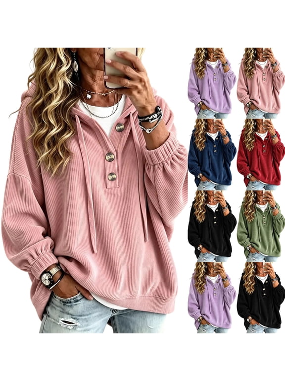 Hoodies for Women Pullover Hooded Henley Button Long Sleeve Corduroy Texture Tops for Women Loose Fit Y2K Trendy Boho Womens Tops