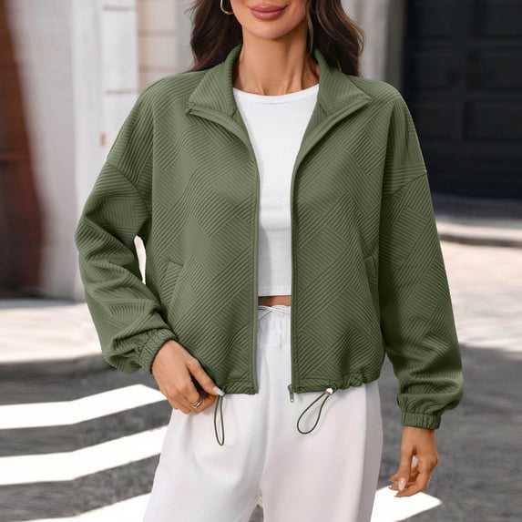 Pounoo Jackets for Women Stand Collar Long Sleeve Drawstring Hem Jacquard Plain Womens Jacket Relaxed Fit Travel Wear Wrinkle Resistant Jean Jacket Women