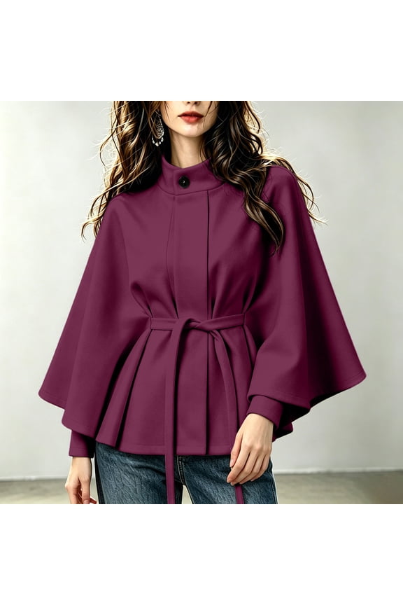 Jackets for Women Stand Collar Cape Long Sleeve Waist Tie Plain Relaxed Fit Outdoor Wear Lightweight Top Coat