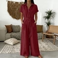 thumbnail image 1 of Pounoo Jumpsuits for Women Casual Collared Short Sleeve Button Front Belted Waist Wide Leg Linen Overalls Big Side Pocket Summer Vacation Daily Romper Gift, 1 of 6