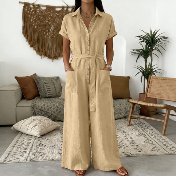 Pounoo Jumpsuits for Women Casual Collared Short Sleeve Button Front Belted Waist Wide Leg Linen Overalls Big Side Pocket Summer Vacation Daily Romper Gift