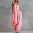 thumbnail image 1 of Pounoo Jumpsuits for Women Linen Blend Jumpsuits Casual Daily Style Lightweight Breathable Sleeveless Button Detail Ruffle Hem Wide Leg Jumpsuits Gift, 1 of 5