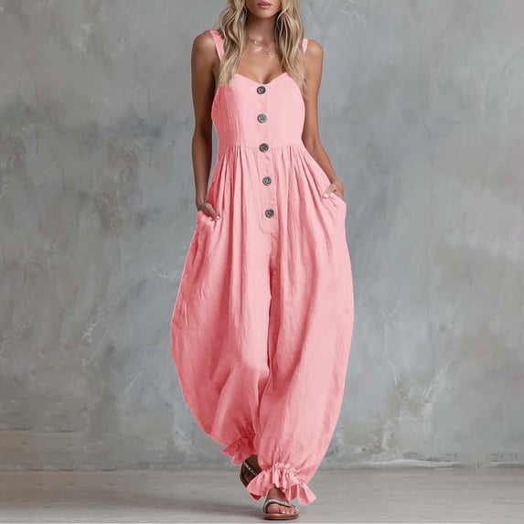Pounoo Jumpsuits for Women Linen Blend Jumpsuits Casual Daily Style Lightweight Breathable Sleeveless Button Detail Ruffle Hem Wide Leg Jumpsuits Gift