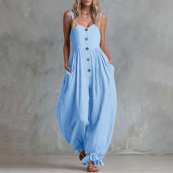 Pounoo Jumpsuits for Women Linen Blend Jumpsuits Casual Daily Style Lightweight Breathable Sleeveless Button Detail Ruffle Hem Wide Leg Jumpsuits Gift