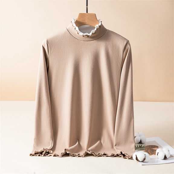 Pounoo Lettuce Edge Trim Mock Neck Long Sleeve Shirts for Women Slim Fitted T-Shirt Tops Lightweight Basic Underwear Tops Gift