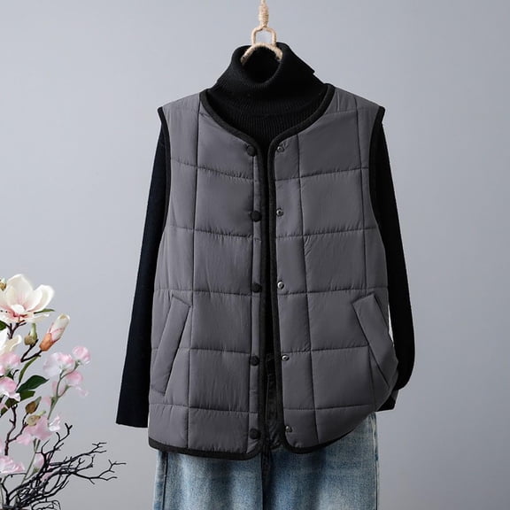 Pounoo Lightweight Puffer Vests for Women Button Up Solid Color Sleeveless Coat Warm Fall Winter Waistcoat Down Jacket Gift
