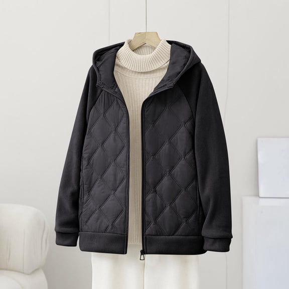 Pounoo Lightweight Quilted Filled Hooded Jackets for Women Casual Cropped Raglan Sleeve Patchwork Coat Fall Winter Clothing for Women Gift