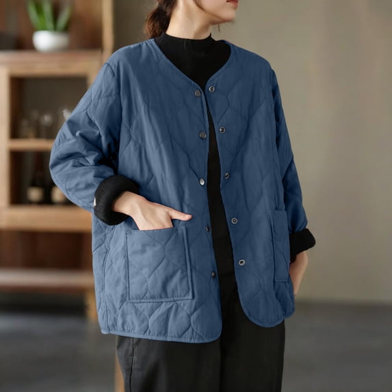 Pounoo Lightweight Quilted Puffer Jackets Round Neck Button Down Thin Cotton-Padded Jackets Casual Solid Color Winter Coat with Pockets Gift