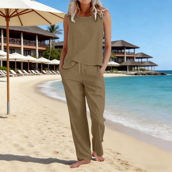 Pounoo Linen Outfits for Women Sleeveless Top And Drawstring Pants Two Piece Sets Soft Daily Style Lightweight Breathable Relaxed-Fit Outfits Gift