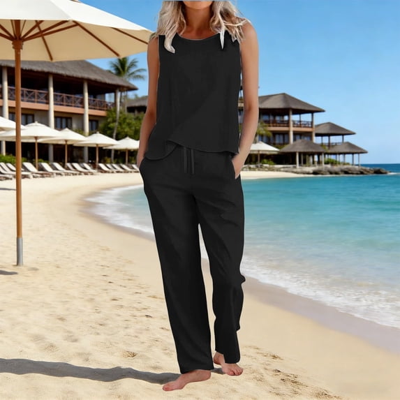 Pounoo Linen Outfits for Women Sleeveless Top And Drawstring Pants Two Piece Sets Soft Daily Style Lightweight Breathable Relaxed-Fit Outfits Gift