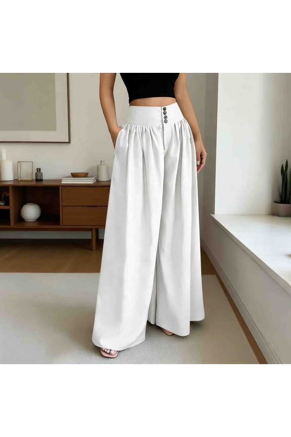 Linen Pants Women High Waist Multi Button Front Gathered Plain Detail Loose Fit Palazzo Pants Vacation Airy Flow Pants for Women Gift