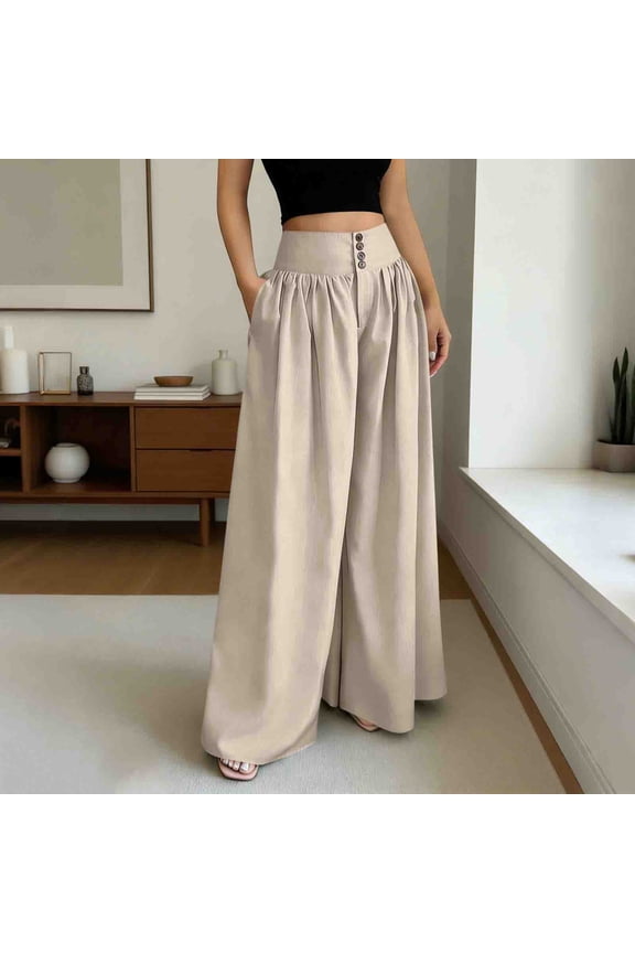 Linen Pants Women High Waist Multi Button Front Gathered Plain Detail Loose Fit Palazzo Pants Vacation Airy Flow Pants for Women Gift