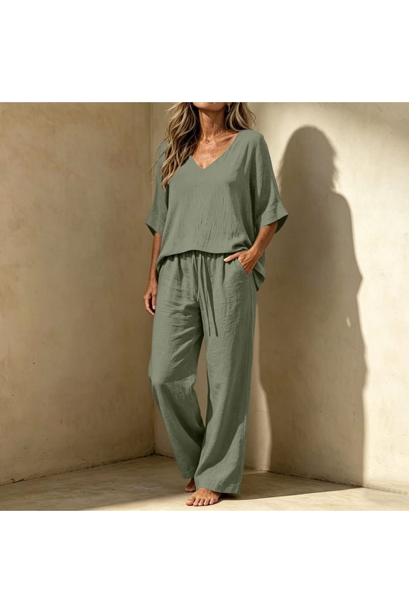 Linen Sets for Women 2 Piece V Neck Bubble Sleeve Top Drawstring Elastic Waist Wide Leg Pants Casual Summer Beach Vacation Matching Outfits