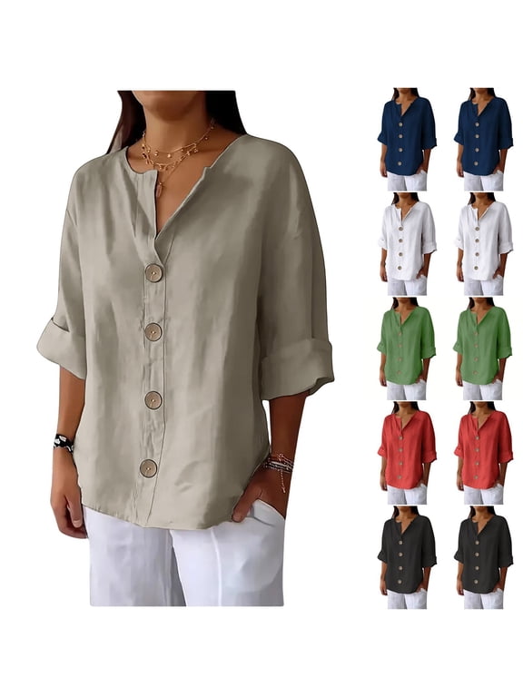 Linen Tops for Women Notched V Neck Big Button 3/4 Sleeve Blouses Roll Cuff Loose Fit Fall Womens Tops Gift
