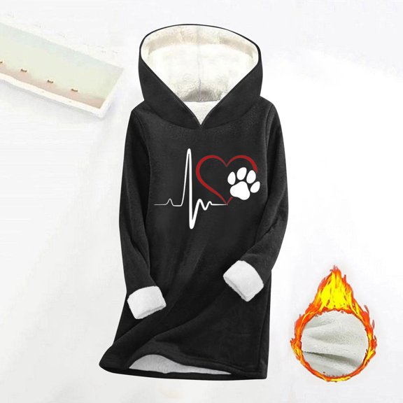 Pounoo Long Hoodies for Women Cute Print Graphic Fleece Lined Long Sleeve Sweatshirts Casual Lightweight Warm Hooded Tops Gift