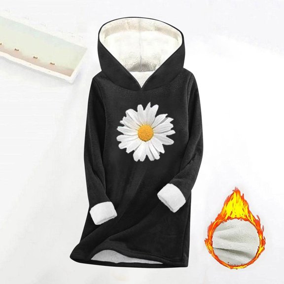 Pounoo Long Hoodies for Women Cute Print Graphic Fleece Lined Long Sleeve Sweatshirts Casual Lightweight Warm Hooded Tops Gift