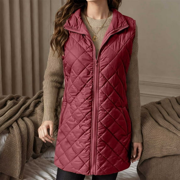 Pounoo Long Puffer Vest for Womens Winter Ultra Light Quilted Stand Collar Vest Full Zip Outerwear Vest