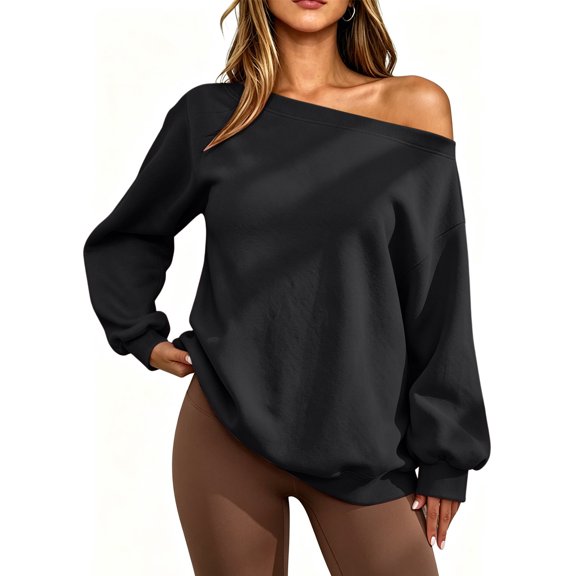 Pounoo Long Sleeve Shirts for Women Off Shoulder Lantern Bubble Cuff Drop Shoulder Solid Curved Hem Pullover Sweatshirt Loose Fit Date Party Womens Tops