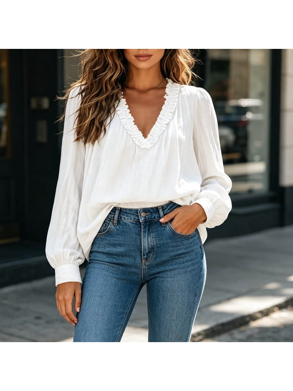 Long Sleeve Shirts for Women Deep V Neck Ruffle Trim Bubble Cuff Crinkle Light Pullover Blouse Loose Fit Elegant Daily Womens Tops