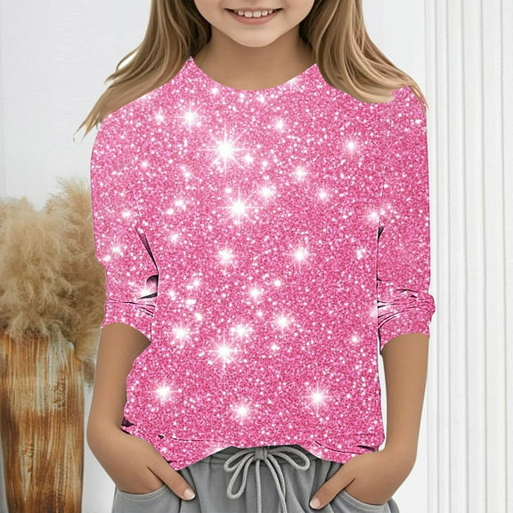 Pounoo Loose Sweaters for Girls 3/4 Sleeve Tops Round Neck Sequined Soft Comfort Sweatshirts for Kids Sweatshirts for Teens
