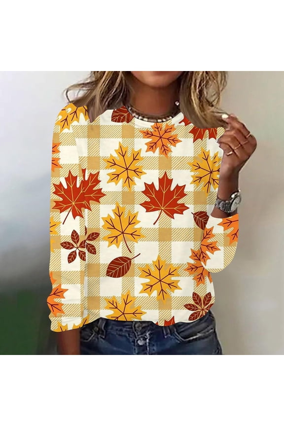 Maple Leaf Print Long Sleeve Shirts for Women Striped Plaid Crewneck Pullover Tunic Loose Fit Blouse Going Out Casual Tee Tops Gift