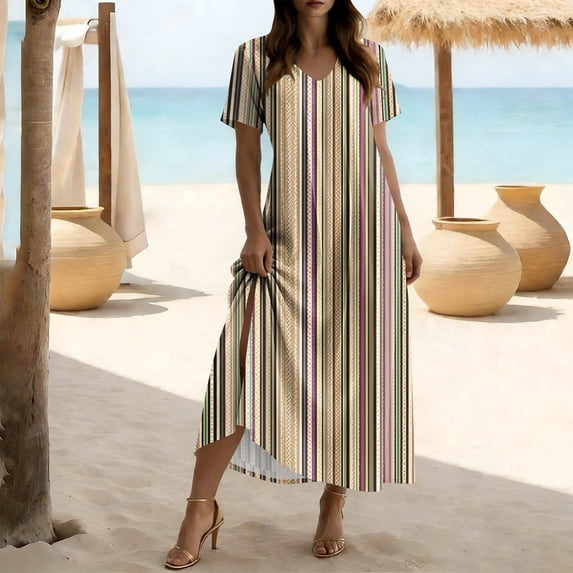 Pounoo Maxi Dresses for Women V Neck Short Sleeve Dresses Minimalist Style Lightweight Breathable Striped Print Side Slit Loose Fit Dresses Gift