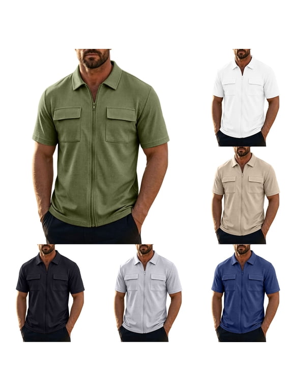 Men's Polo Shirts Short Sleeve Full Zip Front Dual Chest Patch Pockets Waffle Textured Loose Fit Tactical Work Tops