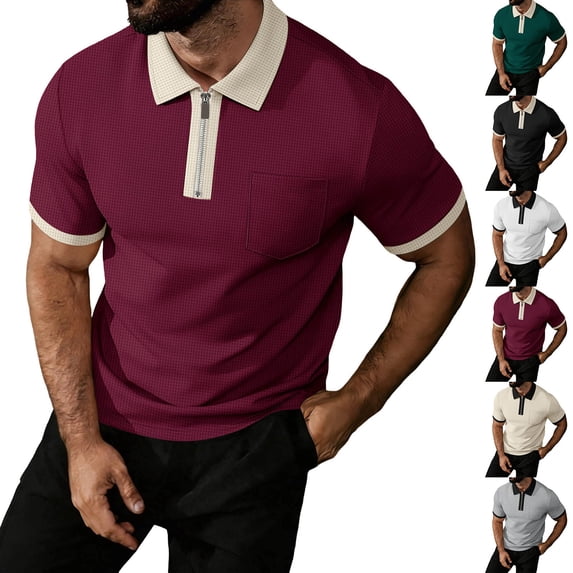 Pounoo Men's Zip Placket Mesh Polo Shirts Short Sleeve Contrast Trim Chest Pocket Slim Fit Collared Golf Shirts Street Daily Tops