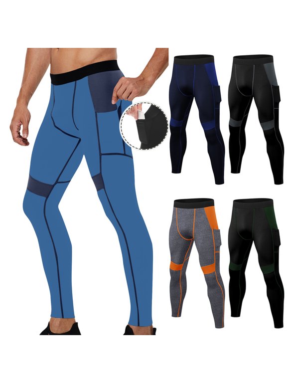 Mens Athletic Leggings Contrast Panel Side Pocket Base Layer Trousers for Men Slim Fit Trendy Mens Sport Pants