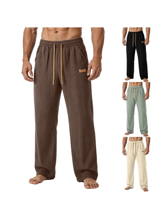 Mens Corduroy Pants Drawstring Elastic Waist Patch Logo Detail Side Pockets Trousers for Men Wide Leg Fit Vintage Boho Versatile Mens Casual Trousers