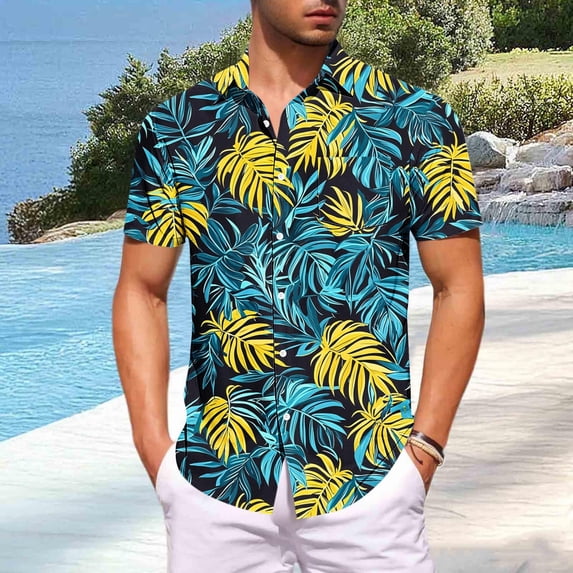Pounoo Mens Hawaiian Shirts Short Sleeve Shirt Tropical Print Casual Button Down Shirt Summer Beach Aloha Hawaii Shirt for Holiday