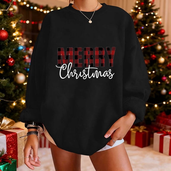 Pounoo Merry Christmas Sweatshirts for Women Merry Christmas Graphic Crewneck Long Sleeve Sweatshirt Cute Xmas Holiday Pullover Tops Gift