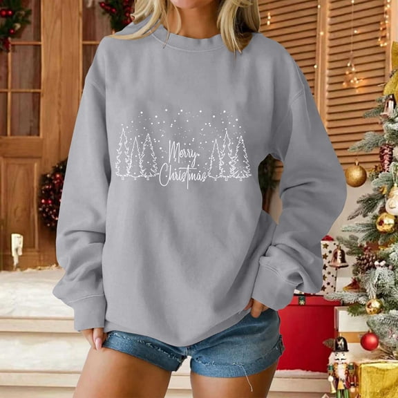 Pounoo Merry Christmas Sweatshirts for Women Merry Christmas Graphic Crewneck Long Sleeve Sweatshirt Cute Xmas Holiday Pullover Tops Gift