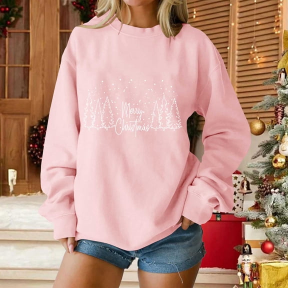 Pounoo Merry Christmas Sweatshirts for Women Merry Christmas Graphic Crewneck Long Sleeve Sweatshirt Cute Xmas Holiday Pullover Tops Gift