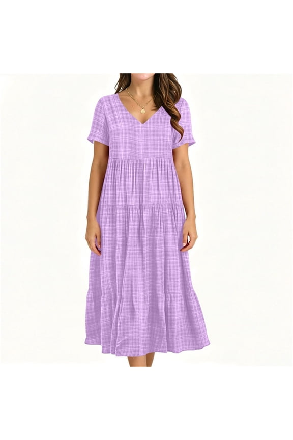 Midi Dresses for Women V Neck Short Sleeve Dresses Minimalist Style Lightweight Breathable Plaid Print Tiered Flowy Hem Dresses Gift
