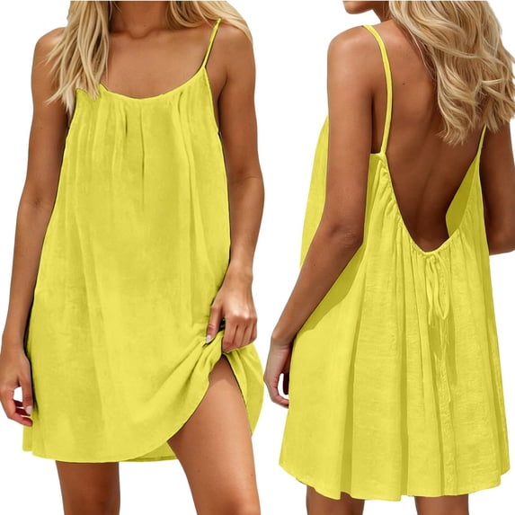 Pounoo Mini Dresses for Women Spaghetti Strap Open Back Dresses Pool Party Style Lightweight Breathable Solid Color Loose Fit Dresses Gift