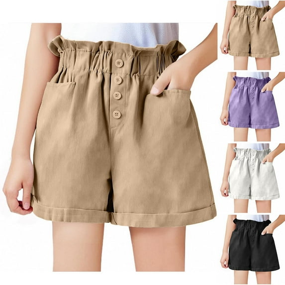 Pounoo New 2025 Girls Shorts Size 10-12 Loose Solid Summer Shorts Elastic Waisted Button Front with Pocket Breathable Shorts for Girls