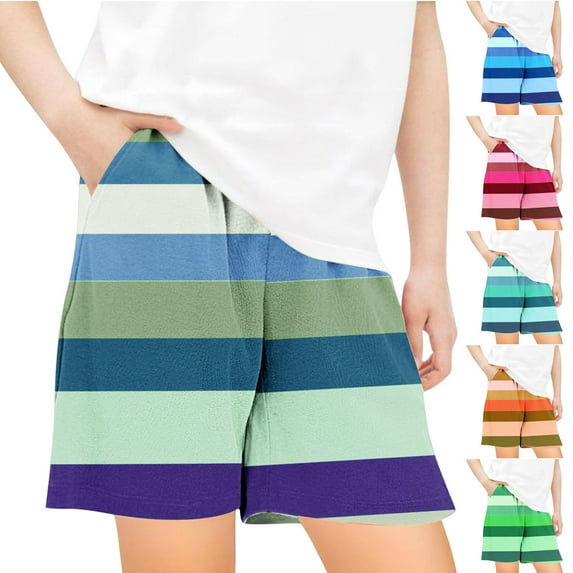 Pounoo New 2025 Girls Shorts Size 10-12 Loose Striped Summer Shorts Elastic Waisted with Pocket Soft Satiny Shorts for Girls